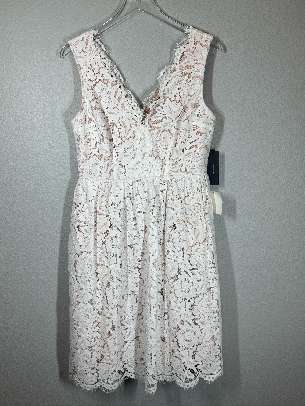 LULU’S Women's Large White Lace V-Neck Sleeveless Fit & Flare Dress Scalloped
